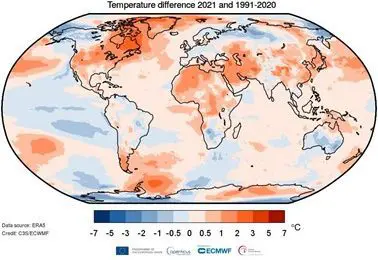 Copernicus luchttemperatuur 2021