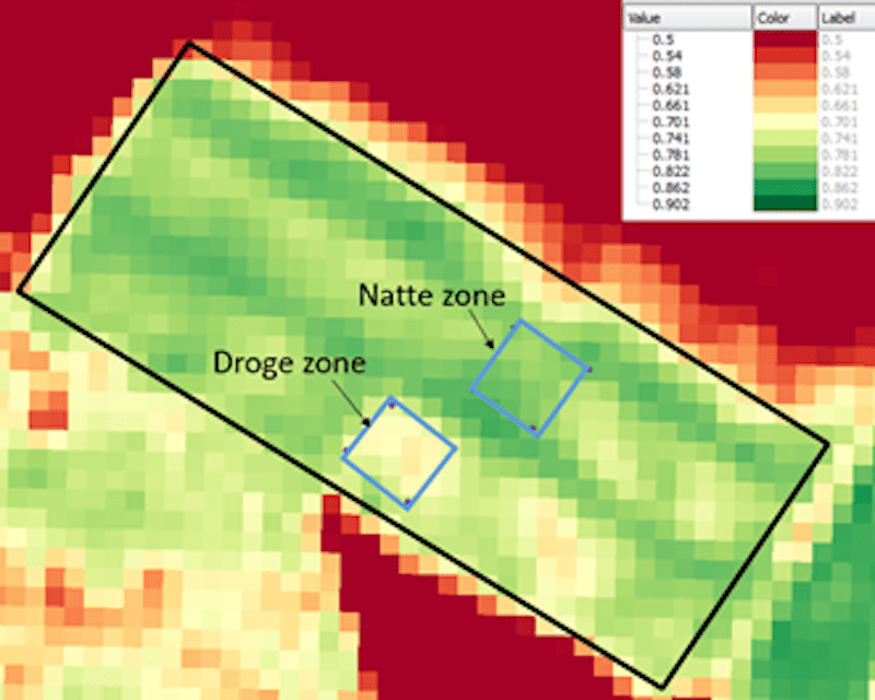 Figuur 1b: Aanduiding van de zones droog en nat waar een NDVI-satellietbeeld genomen op 15 augustus 2018 respectievelijk een lagere en hogere mate van groenheid van het gewas aangeeft.